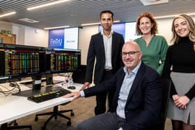 FinTrU have launched a new financial trading room at the state-of-the-art Queen’s Business School (QBS) Student Hub, which recently opened its doors to over 3,000 students and staff.  Pictured are professor M.N. Ravishankar, Dean and head of Queen’s Business School, Darragh McCarthy, founder and CEO of FinTrU; Siofra Healy, head of individual and corporate philanthropy at Queen’s; and Niamh Heaney, FinTrU talent partner
