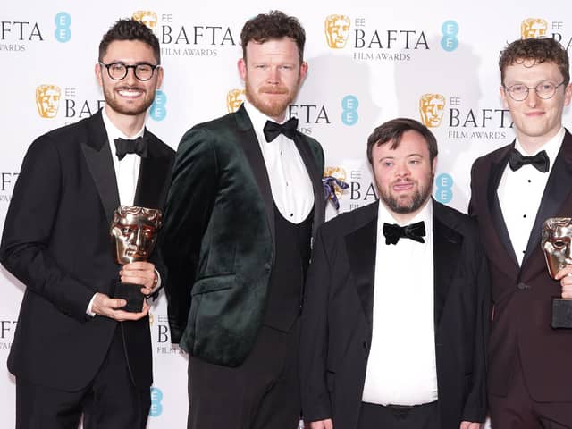 Tom Berkeley (left), Seamus O'Hara, James Martin and Ross White (right) pose with the award for British Short Film Award for An Irish Goodbye in the press room at the 76th British Academy Film Awards held at the Southbank Centre's Royal Festival Hall in London last month