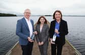 Pictured in County Fermanagh during a visit to The Boatyard Distillery are Joe McGirr, founder and CEO of The Boatyard Distillery, Economy Minister Dr Caoimhe Archibald and Ethna McNamee, head of regional business for the Western region at Invest Northern Ireland