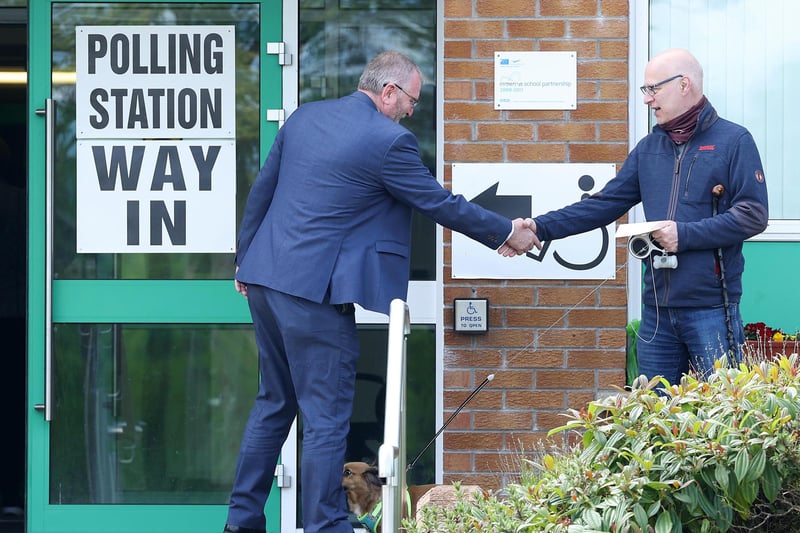 18th April 2023Voting begins in Northern Ireland for local council elections.  UUP leader Doug Beattie arrives at the polling station at Seago Primary School in Co. Armagh. Picture by Jonathan Porter/PressEye