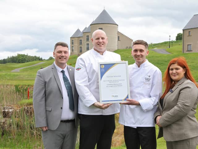 Lough Erne Resort’s five star Catalina Restaurant scoops yet another prestigious award. Pictured is the winning team, Lough Erne Resort general manager, Gareth Byrne, executive chef, Stephen Holland, executive sous chef, Adam Milliken and deputy general manager, Helen McCune