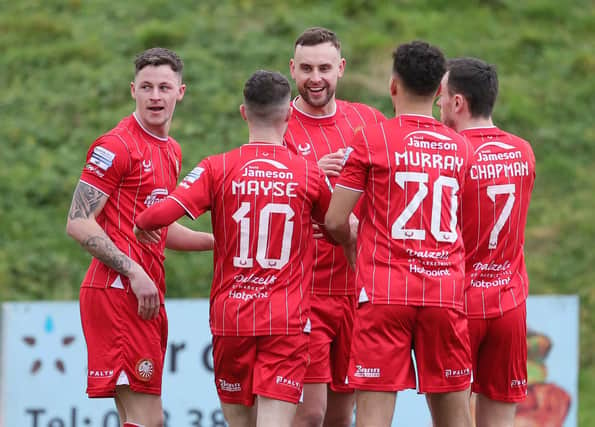 Portadown's Zach Barr celebrates his first goal during today's game at Shamrock Park, Portadown.  Photo by David Maginnis/Pacemaker Press