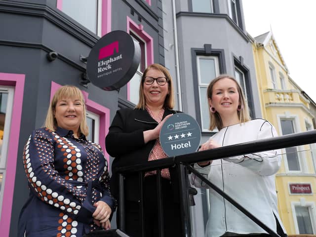 Elephant Rock Hotel on Lansdowne Crescent in Portrush has been awarded a four-star accommodation grade by Tourism NI. Pictured are Joanne Boyle, manager of the Elephant Rock Hotel in Portrush with Alison Leslie, quality assurance manager at Tourism NI and Charlotte Dixon, owner of the Elephant Rock Hotel
