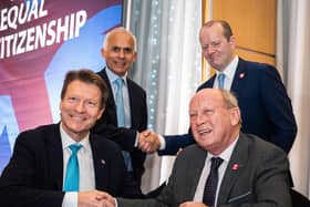 Richard Tice and Ben Habib of Reform UK and Jim Allister and Ron McDowell of TUV sign a general election pact. It will ensure that voters across Northern Ireland can vote for a pro-British, pro-Union, anti Irish Sea border candidate