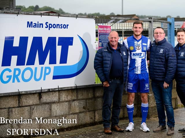 Chairman Martin McLoughlin with new signing Lee Newell, Vice Chairman Gary Wilson and Manager Gary Boyle. Picture: Brendan Monaghan Photography