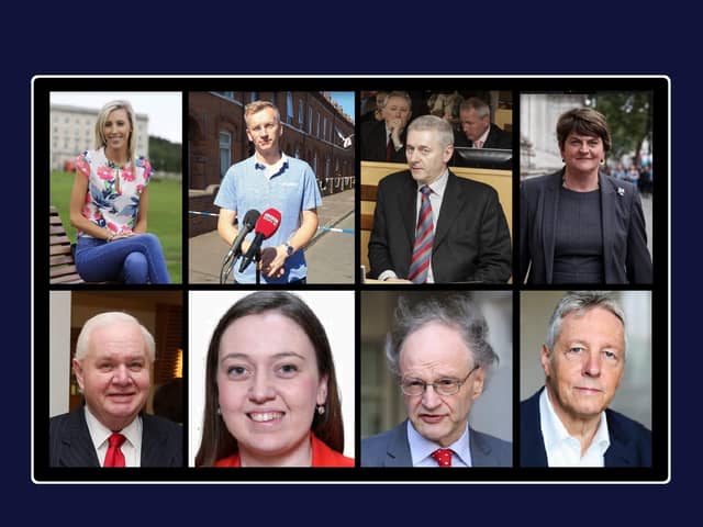 Clockwise from top left: Carla Lockhart, Brian Kingston, John McBurney, Arlene Foster, Peter Robinson, Peter Weir, Deborah Erskine,  Ross Reid