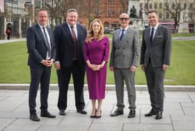 Around 200 business leaders will tell the UK Government that targeted tax reform is essential to unlocking economic growth in Northern Ireland at a Trade NI delegation event in Westminster next month. Pictured is Stephen Kelly, chief executive, Manufacturing NI, Brian Murphy, managing partner, BDO Northern Ireland, Vicky Davies, chief executive, Danske Bank, Colin Neill, chief executive, Hospitality Ulster and Glyn Roberts, chief executive, Retail NI