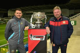 Portadown manager Niall Currie with Linfield boss David Healy. PIC: Arthur Allison/ Pacemaker Press.