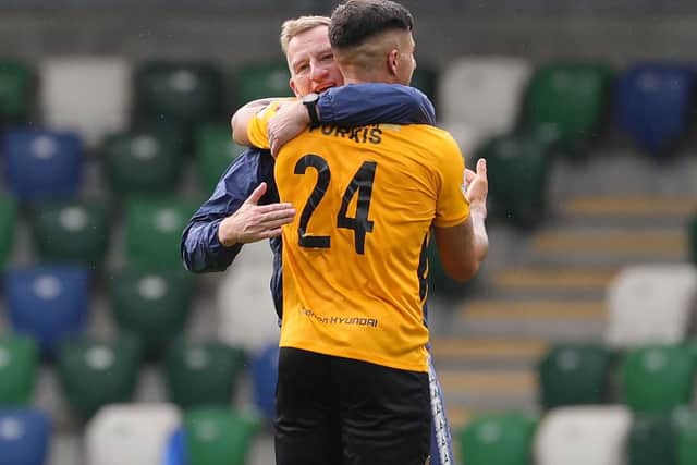 A delighted Stuart King embraces goalscorer Danny Purkis after their 3-3 draw against Linfield at Windsor Park, Belfast.  PIC: David Maginnis/Pacemaker Press
