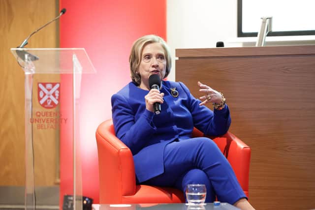 Hillary Clinton speaks at a women in leadership event at Queen's University Belfast on November 15, 2024. Photo: Kelvin Boyes/Press Eye/PA Wire