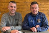 Limavady United captain Stephen Lowry with manager Paul Owens. (Photo by Limavady United FC)