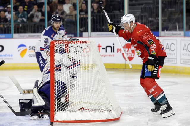 Belfast Giants’ Mark Cooper celebrates scoring against the Dundee Stars during Friday night’s EIHL Challenge Cup game at the SSE Arena, Belfast.     Photo by William Cherry/Presseye