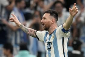 Argentina's Lionel Messi celebrates after scoring his side's third goal during the World Cup final soccer match between Argentina and France at the Lusail Stadium in Lusail, Qatar, Sunday, Dec. 18, 2022. (AP Photo/Frank Augstein)