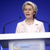 Ursula von der Leyen, President of the European Commission, delivers a speech at the opening session on the first day of the Ukraine Recovery Conference, held at the InterContinental London - O2, in east London. Photo: Henry Nicholls/PA Wire
