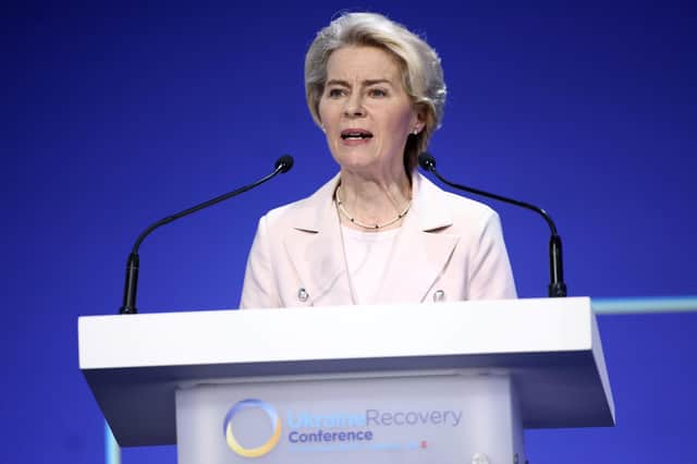 Ursula von der Leyen, President of the European Commission, delivers a speech at the opening session on the first day of the Ukraine Recovery Conference, held at the InterContinental London - O2, in east London. Photo: Henry Nicholls/PA Wire