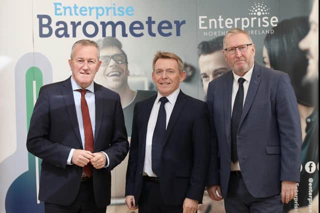 Former Minister of Finance, Conor Murphy MLA, Enterprise NI chief executive, Michael McQuillan and UUP Leader, Doug Beattie at the Enterprise NI Barometer Dissemination today (Thursday) at the Dunadry Hotel. There are 140,000 registered businesses and self-employed people in Northern Ireland, 99.2% of them are small, micro, or self-employed. The Enterprise NI Barometer is an important snapshot of the state of business in Northern Ireland, the results can be accessed at www.enterpriseni.com