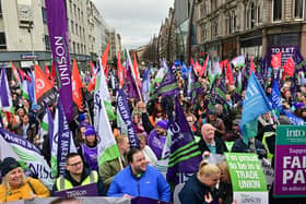 Education and health sector workers attending a rally Belfast earlier this year. A number of unions have today stated that further industrial action is likely this year if public sector pay awards for workers in England are not matched in Northern Ireland