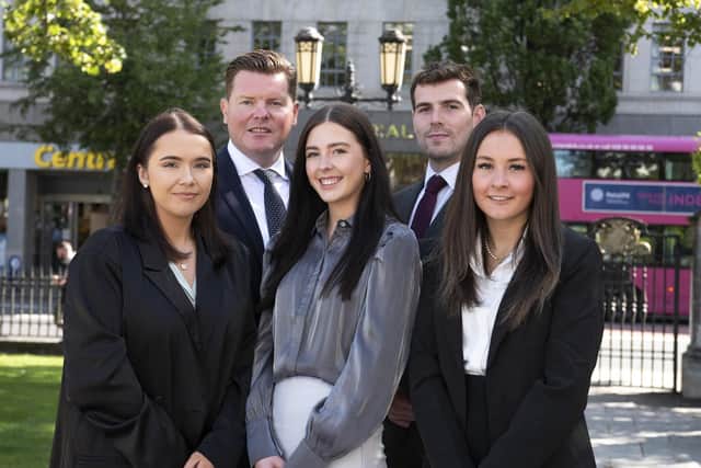 Gateley Legal Northern Ireland has appointed three new trainee solicitors, who embarked on the next phase of their legal careers this week, bringing the total number of trainees at Gateley’s Belfast offices to seven. Pictured are Kate Adair, Warren Polly, Annabel Barton, Paul Kerr and Amy McCartney
