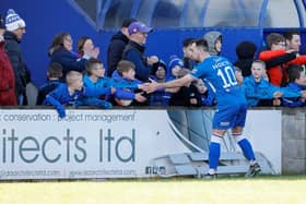 Loughgall's Andrew Hoey enjoys his moment with the home fans after victory over Glenavon. PIC: Alan Weir/Pacemaker Press
