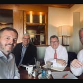 A picture of Robbie Butler, UUP MLA, Gavin Robinson, DUP MP, Sir Jeffrey Donaldson MP, DUP leader, and UUP leader Doug Beattie MLA enjoying coffee. Will DUP politicians such as Mr Robinson and Sir Jeffrey who seem prepared to go back to Stormont break from their more sceptical colleagues?