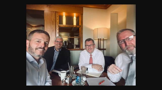 A picture of Robbie Butler, UUP MLA, Gavin Robinson, DUP MP, Sir Jeffrey Donaldson MP, DUP leader, and UUP leader Doug Beattie MLA enjoying coffee. Will DUP politicians such as Mr Robinson and Sir Jeffrey who seem prepared to go back to Stormont break from their more sceptical colleagues?