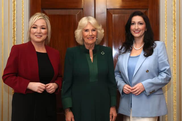 Queen Camilla (centre) with First Minister Michelle O'Neill (left) and Deputy First Minister Emma Little-Pengelly (right) as  she attends an event hosted by the Queen's Reading Room to mark World Poetry Day at Hillsborough Castle in Belfast, during her two-day official visit to Northern Ireland. Picture date: Thursday March 21, 2024. PA Photo.