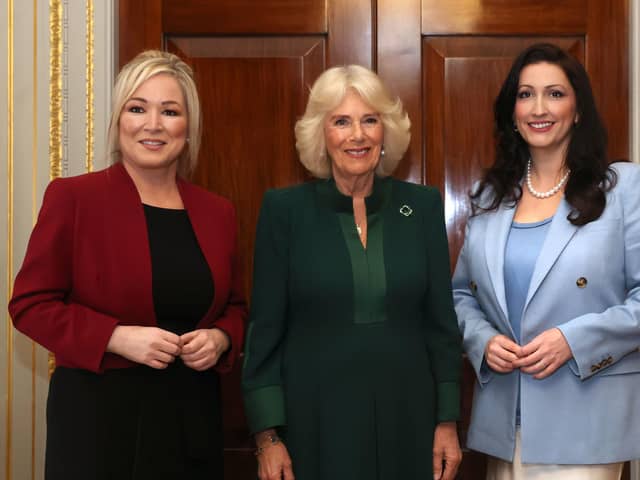 Queen Camilla (centre) with First Minister Michelle O'Neill (left) and Deputy First Minister Emma Little-Pengelly (right) as  she attends an event hosted by the Queen's Reading Room to mark World Poetry Day at Hillsborough Castle in Belfast, during her two-day official visit to Northern Ireland. Picture date: Thursday March 21, 2024. PA Photo.