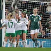 Republic of Ireland’s Kyra Carusa celebrates scoring against Northern Ireland during Tuesday night’s UEFA Women’s Nations League game in Belfast. PIC: William Cherry/Presseye