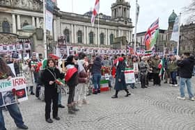 Iranian protestors in front of Belfast City Hall on Saturday, February 14, 2026 to protest against the theocratic Islamic regime in Tehran