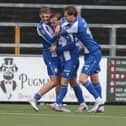 Senan Devine (centre) celebrating with Coleraine team-mates after finding the net at Seaview against Crusaders. (Photo by Desmond Loughery/Pacemaker Press)