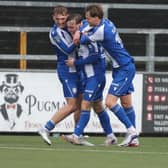 Senan Devine (centre) celebrating with Coleraine team-mates after finding the net at Seaview against Crusaders. (Photo by Desmond Loughery/Pacemaker Press)