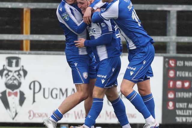 Senan Devine (centre) celebrating with Coleraine team-mates after finding the net at Seaview against Crusaders. (Photo by Desmond Loughery/Pacemaker Press)