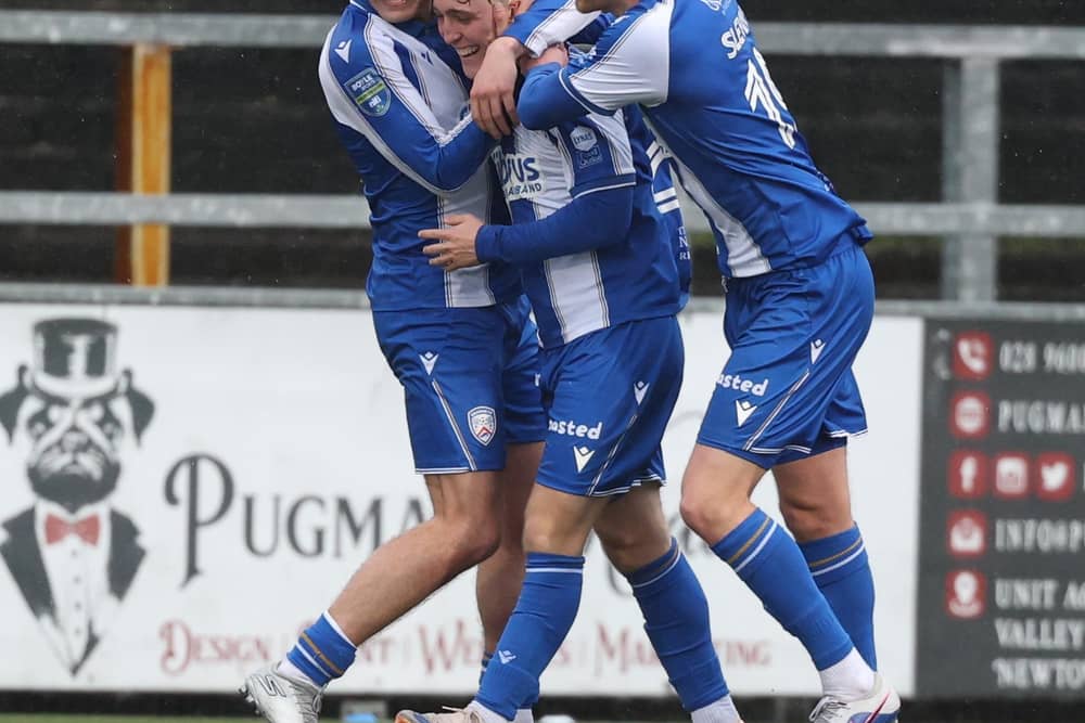 Senan Devine (centre) celebrating with Coleraine team-mates after finding the net at Seaview against Crusaders. (Photo by Desmond Loughery/Pacemaker Press)
