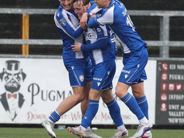 Senan Devine (centre) celebrating with Coleraine team-mates after finding the net at Seaview against Crusaders. (Photo by Desmond Loughery/Pacemaker Press)