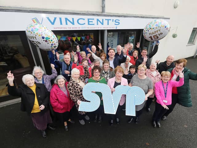 Celebrating 15 years of Vincent’s on Cushendall Road in Ballymena are SVP members, shoppers and volunteers with Anne McLarnon, SVP regional retail representative for the Northern Region, Mayor of Mid and East Antrim, Alderman Gerardine Mulvenna, Mary Waide, SVP regional president for the Northern Region;,Malachi Cush, SVP ambassador for the northern region and Mary Dempster, Vincent’s Ballymena manager