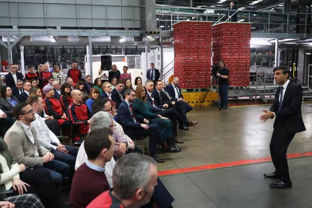 Prime Minister Rishi Sunak holds a Q&A session with local business leaders during a visit to Coca-Cola HBC in Lisburn, Co Antrim in Northern Ireland.