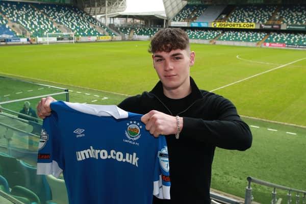 Linfield's new loan signing Max Haygarth at Windsor Park after signing until the end of the season.