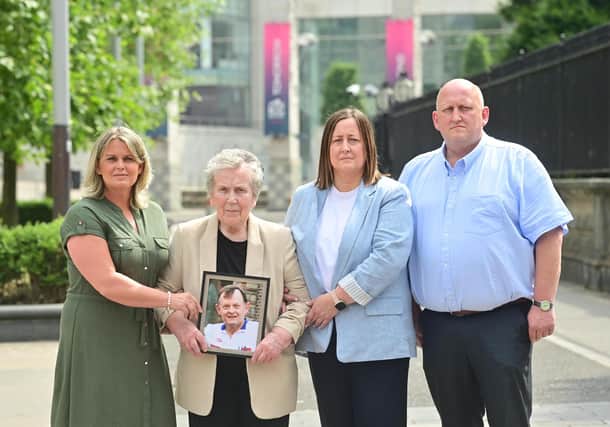 Bridie Brown (widow of Sean ) with their children Clare Loughran, Siobhan and Sean Brown at Belfast High Court for an earlier hearing.
