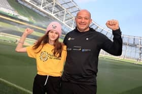 Rory Best pictured with Naomi Howlin on May 16 at the start of his charity walk at  the Aviva Stadium. The former Ireland rugby captain completed his 330km 10-day walk today when he reached Cong, Co Mayo