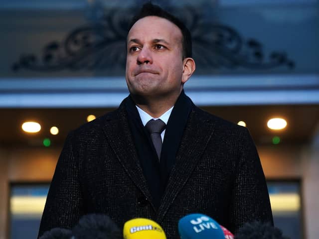 Taoiseach Leo Varadkar talking to the media outside the Stormont hotel, after holding talks with representatives from Stormont's five political parties to discuss the deadlock over the post-Brexit protocol.