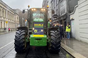 Fifteen tractors park along Kildare Street in Dublin near Leinster House as part of the Irish Farmers' Association's call for Bord Bia's chairman to resign. Picture date: Thursday January 29, 2026. Photo: Grainne Ni Aodha/PA Wire