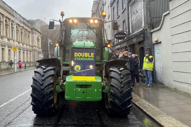Fifteen tractors park along Kildare Street in Dublin near Leinster House as part of the Irish Farmers' Association's call for Bord Bia's chairman to resign. Picture date: Thursday January 29, 2026. Photo: Grainne Ni Aodha/PA Wire