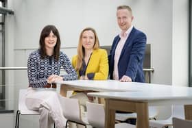 Announcing the 10 finalists of INVENT 2023 are Meg Magill, INVENT programme manager, Fiona Bennington, Catalyst’s head of entrepreneurship and previous INVENT finalist, and Niall Devlin, head of business banking NI at Bank of Ireland