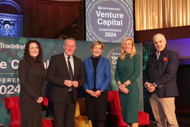 Economy Minister hails start-up success stories as entrepreneurs gather in Belfast for 2024 InterTradeIreland Venture Capital Conference. Pictured are Laura Haldane, SciLeads, Conor Murphy, Margaret Hearty, Deirdre O'Neill, Hertility and Richard Kennedy, chair, InterTradeIreland