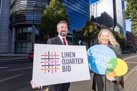 Linen Quarter BID is aiming to create Belfast’s first living wage district ahead of Living Wage Week, taking place November 6 – 12. Pictured are LQ BID managing director Chris McCracken and Living Wage campaigner Mary McManus