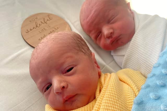 Leap Year Day twin boys Tommy and Teddy McCready - Tommy is in the white blanket, Teddy in yellow - were born in the Ulster Hospital on February 29, 2024. Tommy was born first weighing 4lbs 15oz and Teddy at 5lbs