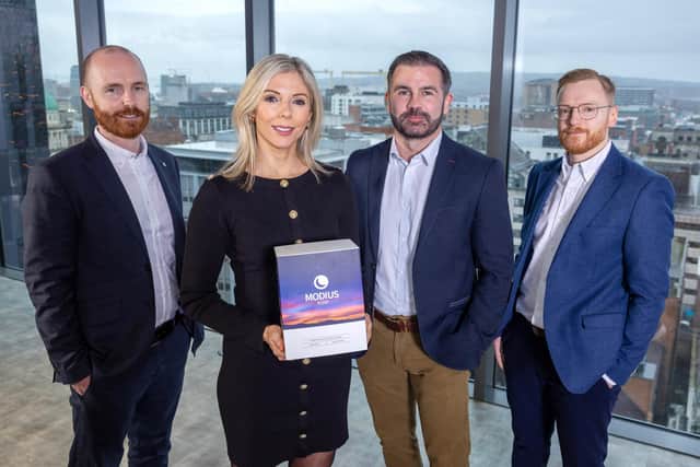 Pictured in Belfast with the Modius device are the Neurovalens leadership team; Iain Hendrick, chief project officer, Sinead Watson, chief regulatory officer, Jason McKeown, chief executive officer and Chris McCabe, chief technology officer