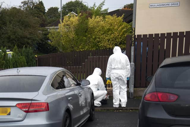 Forensic offers examine the scene after an incident with machete left one man dead and another injured in Omagh.