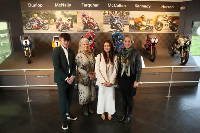 Pictured at the display of Irish road racing motorcycles at the Driven Gallery in the Ulster Transport Museum are (from left): Ivor Skelton's son Callum; Sharon Skelton, Lucy Skelton and Kathryn Thomson, Chief Executive of National Museums NI.