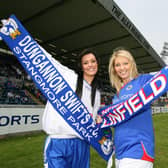 Zara Shaw (Dungannon Swifts) with Catherine Milligan, Miss Northern Ireland, getting behind the teams at the 2007 Irish Cup Final at Windsor Park